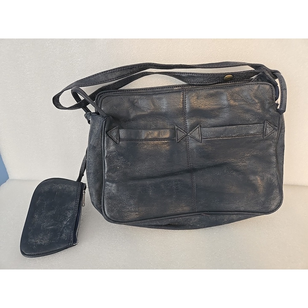 Vintage Dark Blue Navy Leather Messanger Bag YKK Y2K Retro Read!
